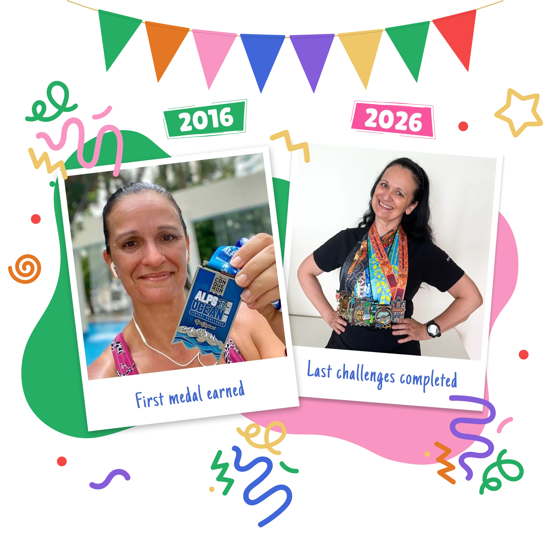 Two Conquerors holding their finisher medals, one photo labelled 2016 and one labelled 2026
