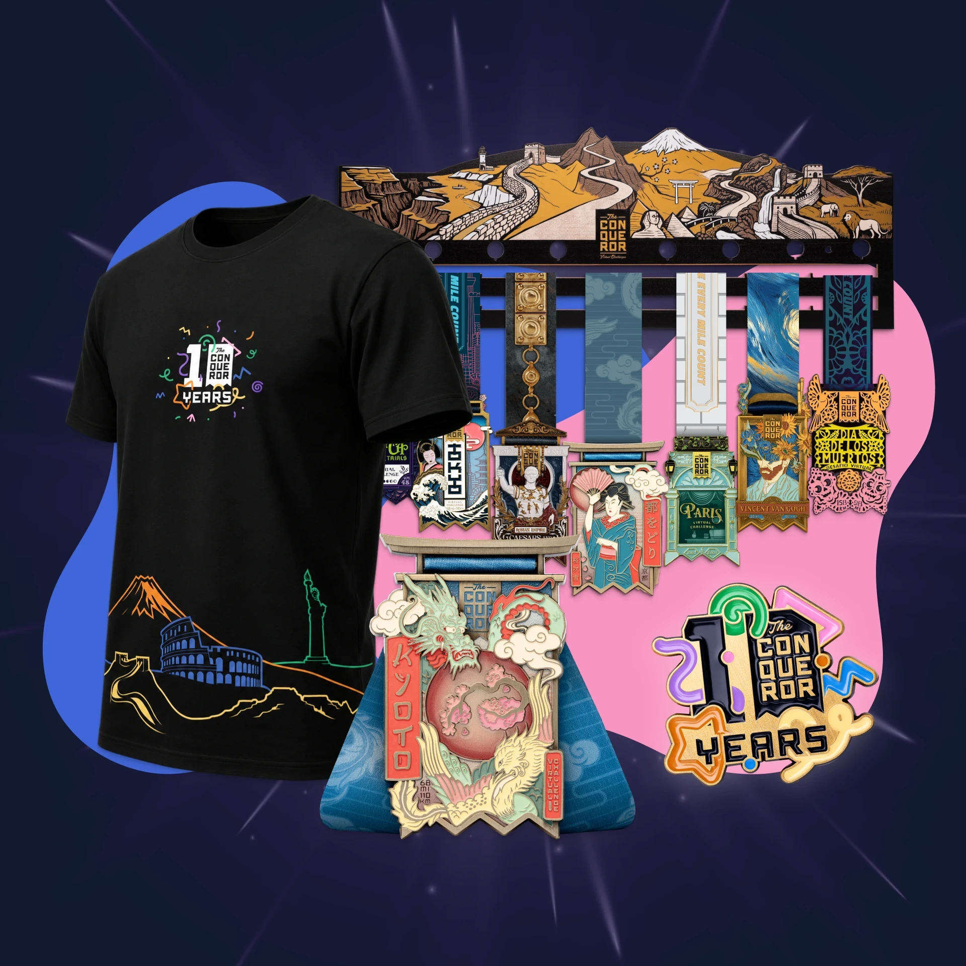 Anniversary bundle: sports t-shirt, challenge medals, and medal hanger
