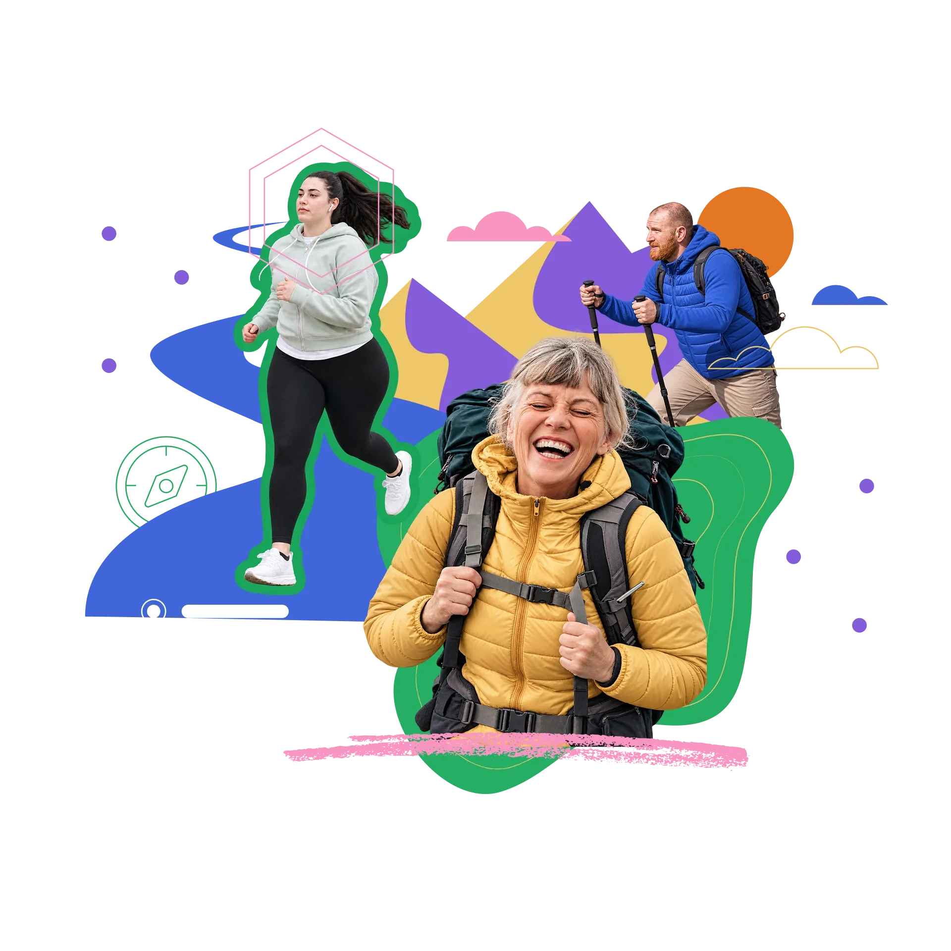 A runner, a hiker with trekking poles and a smiling walker carrying a backpack, set against the campaign's illustrated trail and mountain shapes