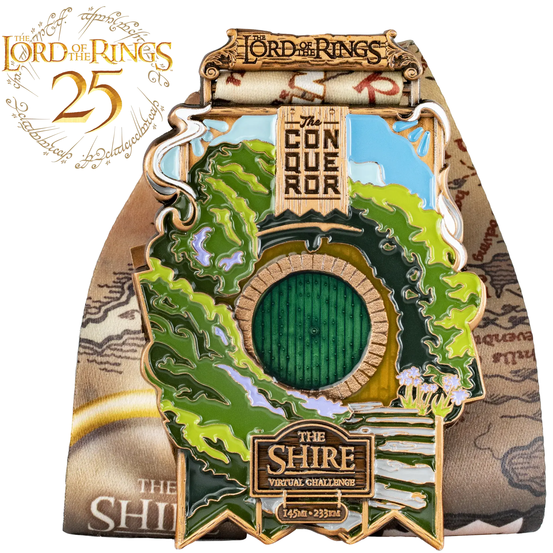 the shire medal with lord of the rings 25th anniversary logo